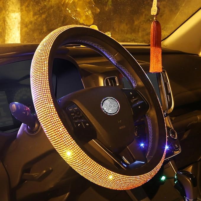 Car Sparkly Steering Wheel Cover Bedazzled for Women Girls, Large Size 15 1/2''-16'' inch Colorful Bling Anti-Slip Wheel Protector, Black