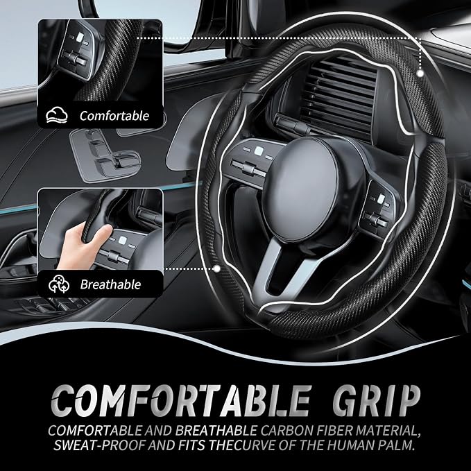 WOCOCN 3pcs Car Steering Wheel Cover,Anti-Skid Carbon Fiber Steering Wheel Protector for Men Women,Multiple Color Options,Universal for Most Car Interiors Accessories (Black 3PCS)