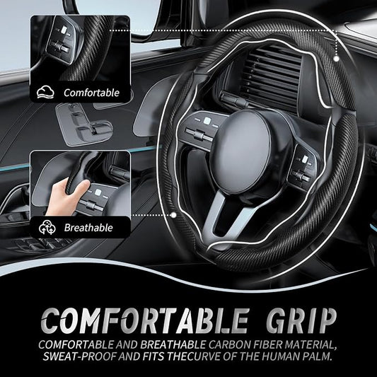 WOCOCN 3pcs Car Steering Wheel Cover,Anti-Skid Carbon Fiber Steering Wheel Protector for Men Women,Multiple Color Options,Universal for Most Car Interiors Accessories (Black 3PCS)