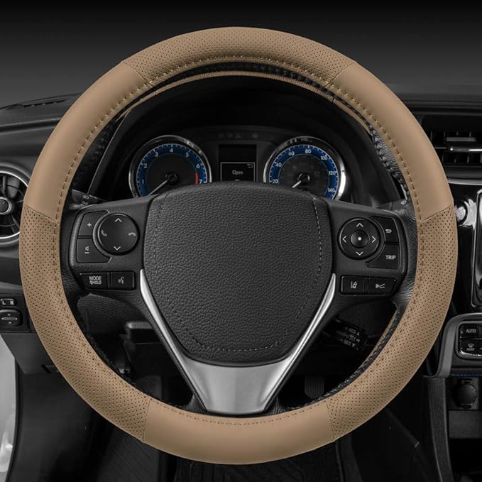 Motor Trend Perforated Microfiber Leather Steering Wheel Cover for Cars Trucks SUVs Vans, Sporty Racing Improved Grip Anti-Fatigue Ergonomic Design, Airbag Compatible - Fits Standard 15" Inch - Beige