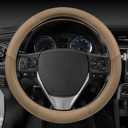 Motor Trend Perforated Microfiber Leather Steering Wheel Cover for Cars Trucks SUVs Vans, Sporty Racing Improved Grip Anti-Fatigue Ergonomic Design, Airbag Compatible - Fits Standard 15" Inch - Beige