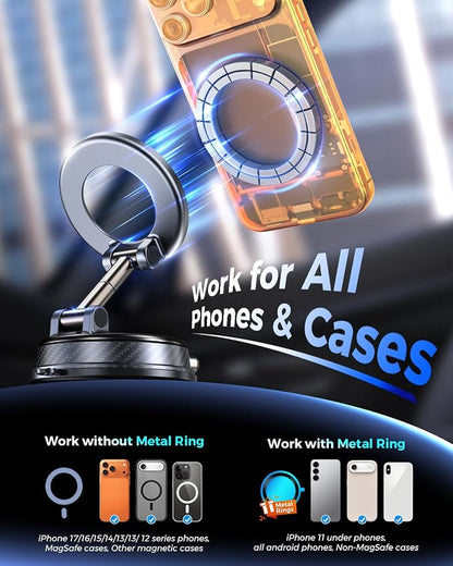2026 Upgraded Vacuum Magnetic Car Phone Holder, 85LBS Strongest Suction & 2600gf Magnetic for Magsafe Car Mount, 360° Adjustable Foldable Cell Phone Holders for Your Car for iPhone 17 Pro Max 16 15