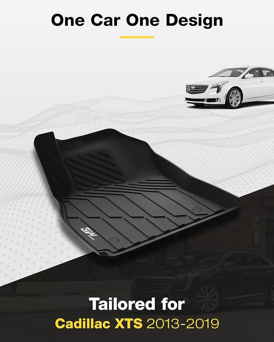 3W Floor Mats Compatible for Cadillac XTS 2013-2019 TPE All Weather Custom Fit Floor Liner for Cadillac XTS 1st and 2nd Row Full Set Car Liners Black