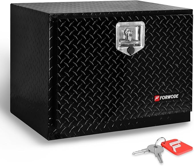 FORWODE 24x17x18 Inch Underbody Truck Tool Box Aluminum Trailer Tool Box with Lock & Foldable T-Handle Waterproof Truck Storage Box for Pickup Truck, Trailer, RV, ATV, Indoor（BLACK）