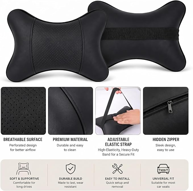 Car Pillow for Car Neck Pillow for Driving Seat Leather Neck Support Soft Cushion Support Head-Rests for Vehicle Sleeping with Elastic Adjustment Strap 2PCS (Neck, Light Tan)