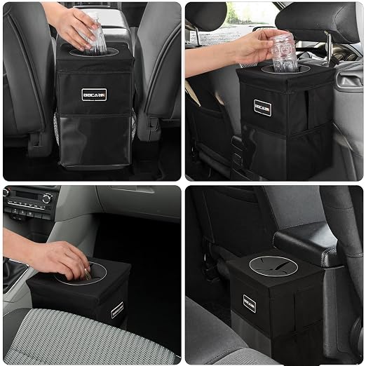 Beicarin Car Trash Can with Lid - Car Trash Bag Hanging with Storage Pockets Collapsible and Portable Car Garbage Bin, Leak-Proof Car Organizer, 1.82 Gallons Multipurpose Trash Bin for Car