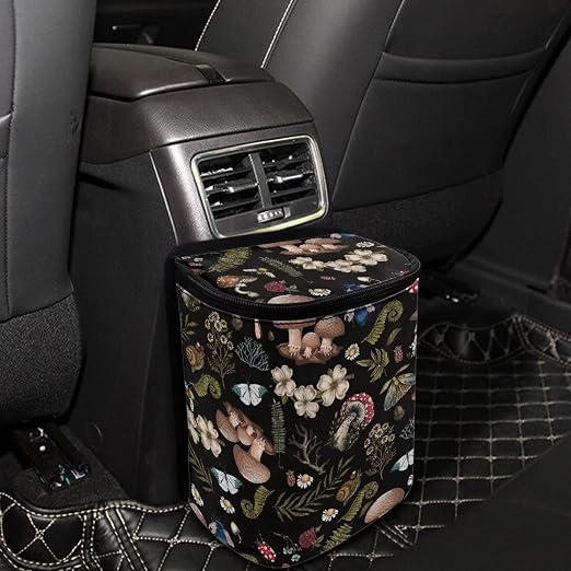 Auto Trash Can, Dark Wild Mushroom Ferns Printed, Manual-Lift, 14"W x 14"H x 14"D