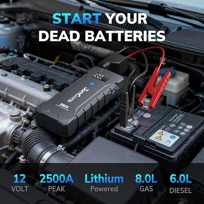 K15 Extremely Safe Jump Starter, 2500A Car Battery Jump Starter for Up to 8.0L Gas or 6.0L Diesel Engines, 12V Portable Jump Box with Smart Jumper Cable, USB-C Charge and 3 Mode Flashlight