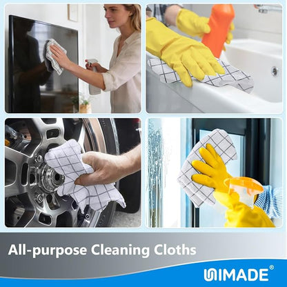 UNIMADE Microfiber Cleaning Cloths, 100 Sheets Reusable Kitchen Towels & Dish Cloths, Lint-Free Absorbent Cleaning Rags, Bulk Kitchen Cleaning Cloths for Household & Restaurant, 11" x 9", Grid Pattern