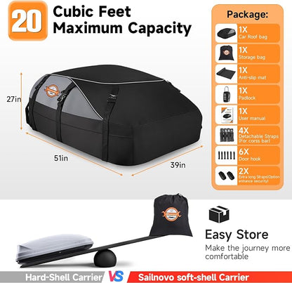 Sailnovo Rooftop Cargo Carrier Roof Bag, 20 Cubic feet Soft Waterproof Car Roof Bag fit Cars with/Without Rack, 6 Tie-Down Straps, 6 Door Hooks, Foldable Car Top Carrier for Road Trip Camping Travel