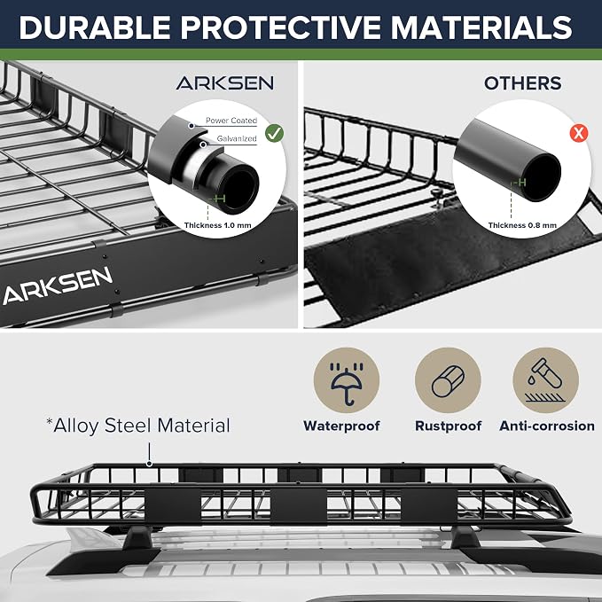 ARKSEN 64" x 39" x 5" Roof Rack Cargo Basket with Extension, Heavy Duty Steel Rooftop Cargo Carrier with Net & Tie Down Straps, 150 lbs Capacity, Universal Fit for SUV, Truck, RV, Pickup