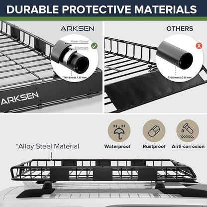 ARKSEN 64" x 39" x 5" Roof Rack Cargo Basket with Extension, Heavy Duty Steel Rooftop Cargo Carrier with Net & Tie Down Straps, 150 lbs Capacity, Universal Fit for SUV, Truck, RV, Pickup