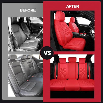 FREESOO Red Car Seat Covers Full Set - Faux Nappa Leather Seat Covers for Cars, Ultra Breathable Waterproof Front Seats Protector with Lumbar Support, Universal Fit for Automotive Sedan SUVs Pickups