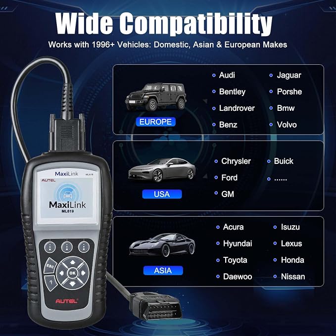 Autel MaxiLink ML619 OBD II Scanner - Same as AL619, ABS & SRS Diagnostic Tool for 1996+ Vehicles, Up of AL519 ML519, Code Reader with Live Data & Troubleshooting Tips