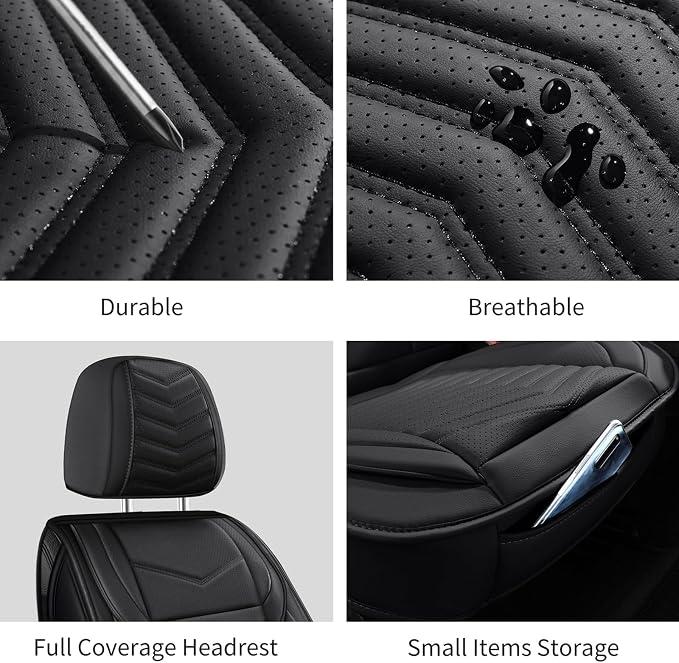 HChengkikz Car Seat Covers, Breathable & Waterproof Faux Leather Automotive Seat Covers for Cars SUV Truck Sedan, Universal Anti-Slip Driver Seat Cover with Backrest (2 PCS Front Seat, Black)