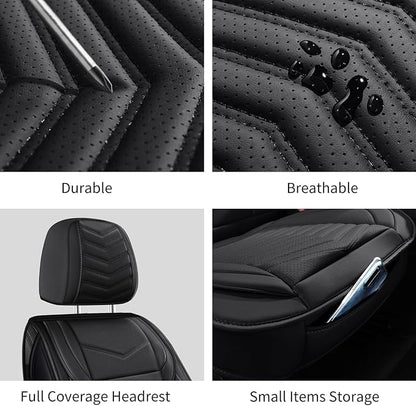 HChengkikz Nappa Leather Car Seat Covers Full Set, Black Car seat Protector 5 Seats, Waterproof Car Seat Cushion, Universal Automotive Seat Covers Fit for SUV Truck Pick-up Sedan, Front and Rear