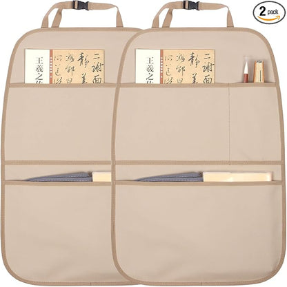 Kick Mat Back Seat Protector Waterproof Leather Car Seat Back Organizers Cover with 3 Storage Pockets for Kids Pets SUV Sedan Minivan Truck Car Travel Accessories (Beige 2-Pack)