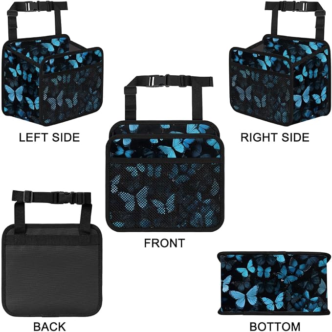 Car Backseat Organizer, PU Leather Back of Seat Cars Hanging Organizer with Pockets Leakproof Car Garbage Bag Hanging Cars Seat Storage Box Travel Accessories Foldable (Blue Butterfly)