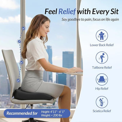 ZIKEE Ergonomic Seat Cushion with Thigh Slope for Long Sitting, Memory Foam Office Chair Cushion for Car, Home, U-Shaped Design Relieves Hip, Tailbone Pain, Non-Slip Sciatica Pain Relief Pillow