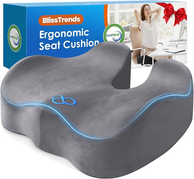 BlissTrends Seat Cushion,Thick Memory Foam Cushions for Office Chair, Car Seat, Airplane, Relieving Pressure Tailbone Sciatica Back Pain for Office Workers, Car Drivers 4.7in Thick LightGrey