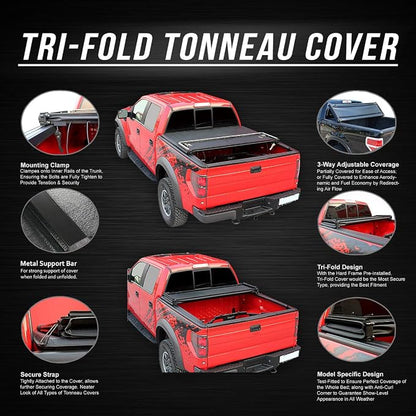 DNA Motoring Truck Bed Soft Tri-Fold Adjustable Tonneau Cover Compatible with 95-04 Tacoma 6Ft Styleside Bed, TTC-TRISOFT-051
