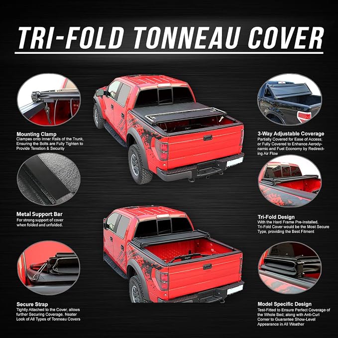 DNA Motoring Truck Bed Soft Tri-Fold Adjustable Tonneau Cover Compatible with 99-16 Ford F250 F350 SD 6.5Ft Bed, TTC-TRISOFT-005