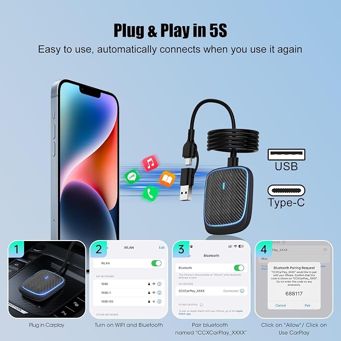 Wireless CarPlay Adapter for iPhone,Convert Wired to Apple Car Play Wireless Adapter, Plug and Play, with 60CM Extension Cable USB & Type-C, Connection Stable No Delay