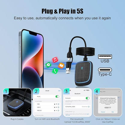 Wireless CarPlay Adapter for iPhone,Convert Wired to Apple Car Play Wireless Adapter, Plug and Play, with 60CM Extension Cable USB & Type-C, Connection Stable No Delay