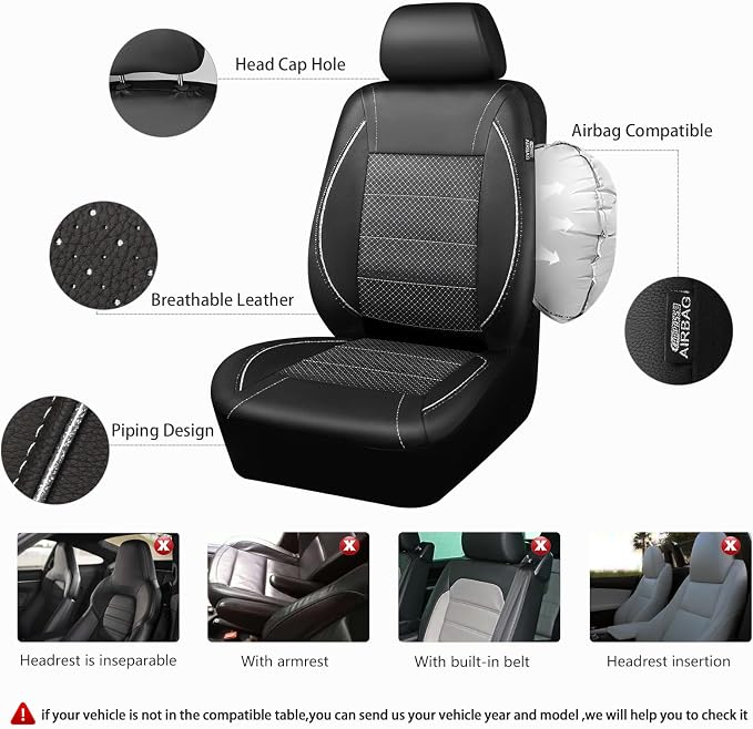 CAR PASS Piping PU Leather Car Seat Cover Full Set, Inside Zipper Design and Reserved Opening Holes, Airbag Compatible,Universal FIT for Car, SUVs,Van,Trucks（Full Set, Black & Silver