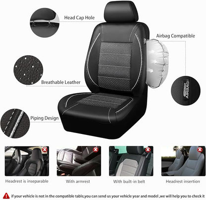 CAR PASS Piping PU Leather Car Seat Cover Full Set, Inside Zipper Design and Reserved Opening Holes, Airbag Compatible,Universal FIT for Car, SUVs,Van,Trucks（Full Set, Black & Silver