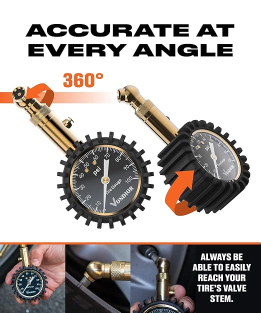 Vondior Tire Pressure Gauge (0-100 PSI) Certified ANSI Accurate with Large 2 Inch Easy to Read Glow Dial, Low - High Air Pressure Gauge. Tire Gauge for Car and Trucks Tires