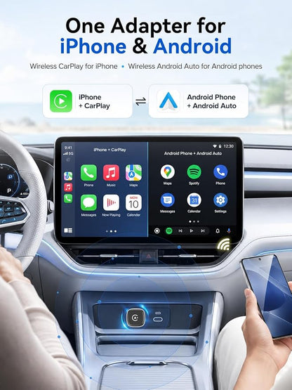 Mini Wireless Android Auto & CarPlay Adapter, Low-Profile USB-A 2-in-1 Wireless Adapter for Factory Wired Android Auto/CarPlay Cars, Auto Reconnect, 5GHz WiFi, USB-C Adapter Included