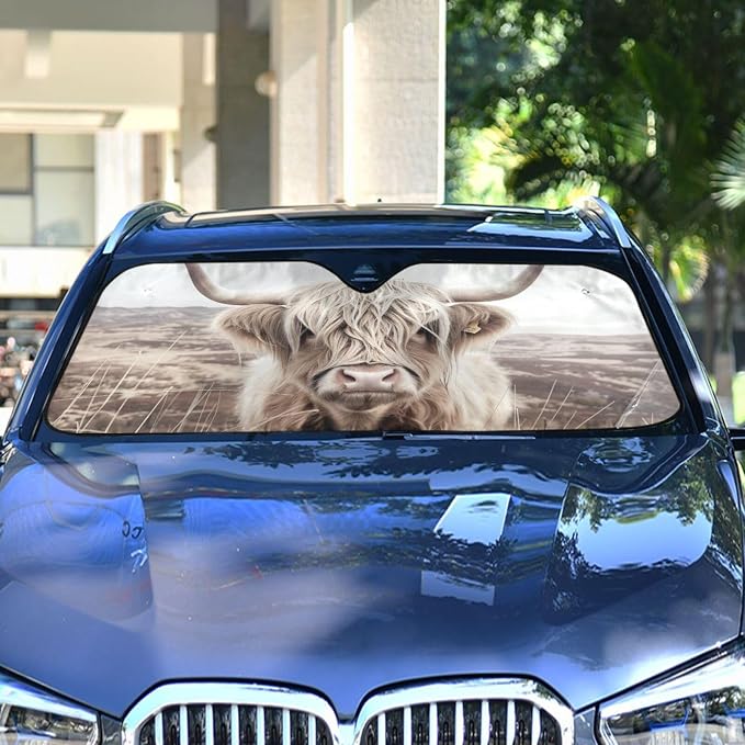 Windshield Sun Shade Highland Cattle Cow Mountain Front Window Block UV Shades Visor Reflective Retractable for Car SUV Trucks