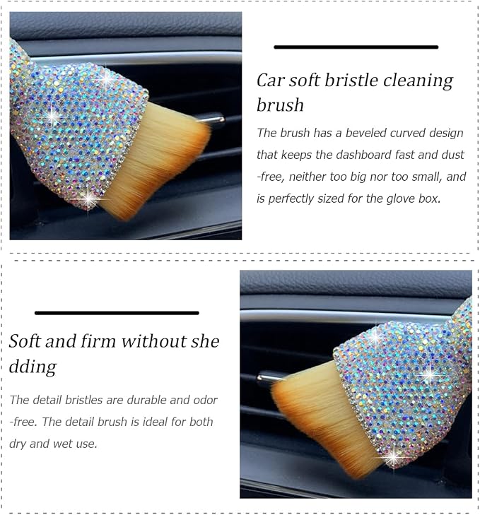 Bling Car Interior Dust Brush, Crystal Rhinestone Soft Auto Detailing Cleaning Brush, Sparkling Diamond Vehicle Dashboard Air Vent Cleaner for Women Girls, Universal for Vehicles (AB Color)
