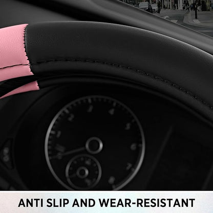 Road Comfort Leather Steering Wheel Cover – Premium Anti-Slip Car Steering Wheel Grip Cover – Universal Fit for 14.5”–15” Cars, Trucks & SUVs - Pink