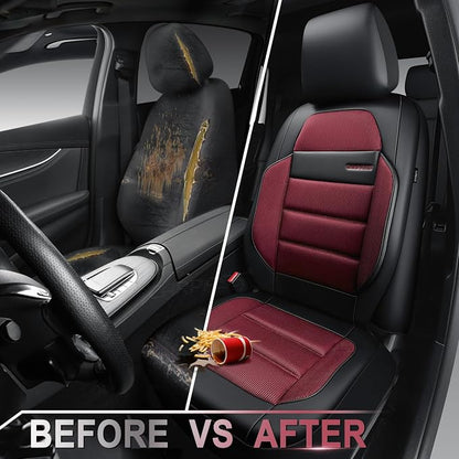 CAR PASS Memory Foam Seat Covers Front, Airy Cool Mesh Thick Car Seat Covers, Leather Car Seat Covers Front Seats Airbag Compatible, Universal Automotive Comfort for Most Cars, Trucks, SUV, Burgundy