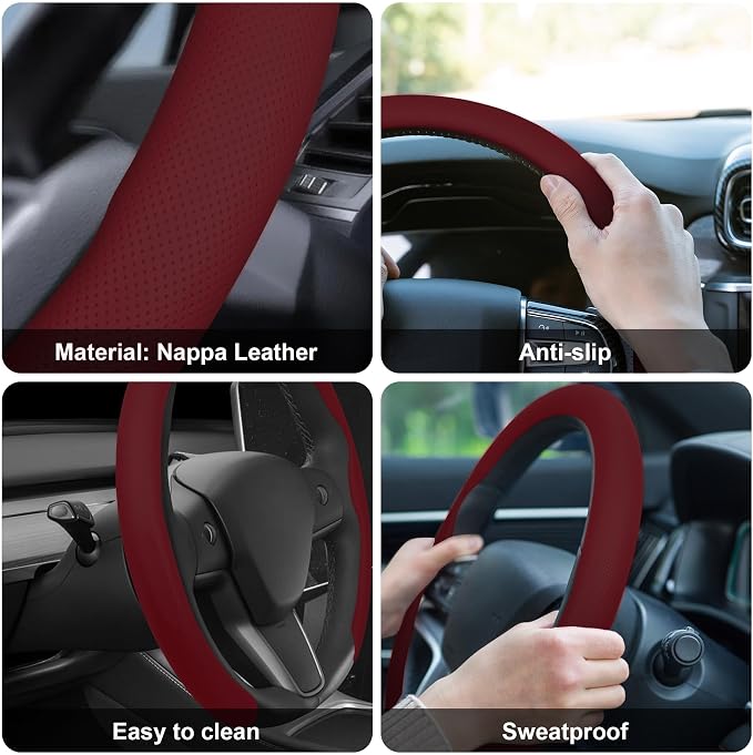 Frani Nappa Leather Steering Wheel Cover,Universal Fit 15 Inch-Premium Non-Slip Breathable Comfort Grip for Cars Trucks SUVs,Anti-Slip Durable Interior Upgrade Wine Red