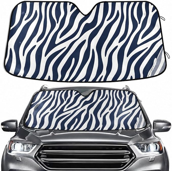 Windshield Sun Shade Blue White Zebra Print Front Window Block UV Shades Visor Reflective Retractable for Car SUV Trucks