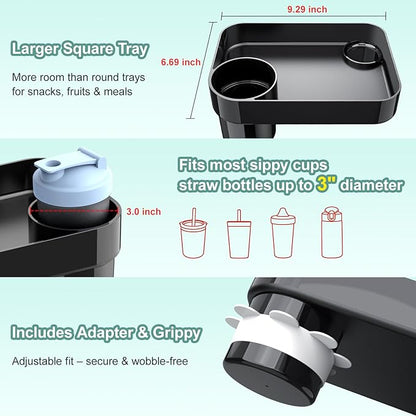Car Seat Snack Tray for Toddlers - 3 Inch Cup Holder Fits Most Sippy Cups & Straw Bottles with Dip Well, Mess-Free Square Kids Travel Tray Road Trip Essentials, Black