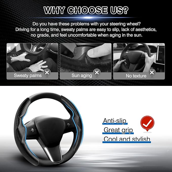 Canvcle Steering Wheel Cover for Tesla Model 3/Y 2016-2025 2026 Highland/Juniper Accessories Carbon Fiber Steering Wheel Cover Protector Non-Slip, Comfortable, Breathable, Model 3/Y Accessories, Black