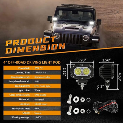 Auxbeam 4In LED Offroad Light for Truck, 60W LED Driving Pod Lights Super Flood Beam 2Pcs Led Pods A-Pillars Bumper Offroad Lights Automotive Light Bar IP68 Waterproof for Jeep Motorcycle SUV Trucks