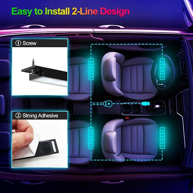 YiLaie LED Car Lights Interior Multcolor Lights for Car Inside with APP and Control Box, Music Sync USB Under Dash Lighting Kit for Cars, Trucks, SUVs, DC 5V