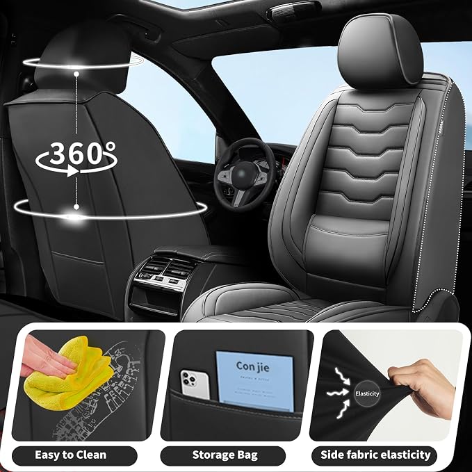 Fit Compass Car Seat Covers for Jeep Compass 2007-2025 2026 -Full Set Premium Leather, Waterproof & Breathable，All-Weather Seat Cushion Protecto & Airbag Compatible, 5 Seats Black