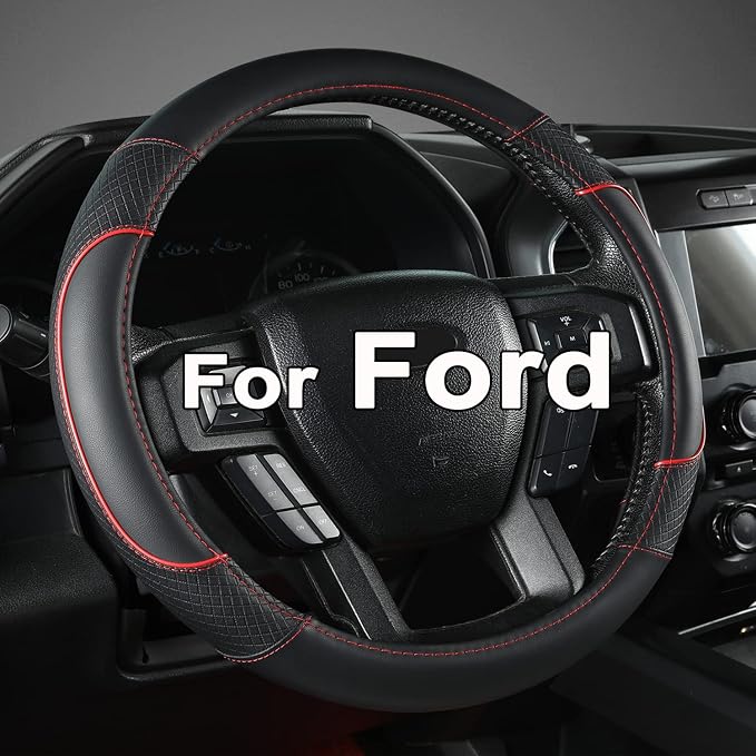 GIANT PANDA Steering Wheel Cover for Ford F150 F250 F350 Expedition - Black+Red Trim