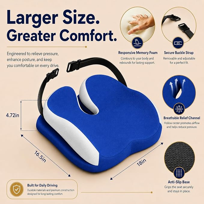 Memory Foam Seat Car Computer Desk Chair Cushion，Cushion For Tailbone Pain Relief Cushion Office Chair Butt Pillow Seat Cushions For Office Chairs Wheelchair Cushion For Long Sitting Back Pain Blue
