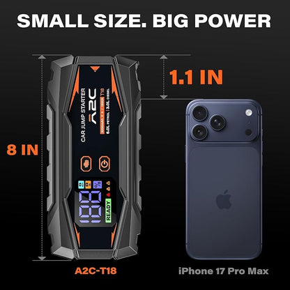 A2C Portable Jump Starter, 12V Auto Battery Booster, Power Bank, LED Light | Fits 6.0L Gas/3.0L Diesel. Features QC3.0 fast charging, smart safety clamps (short/reverse protection), & 3 lighting modes.