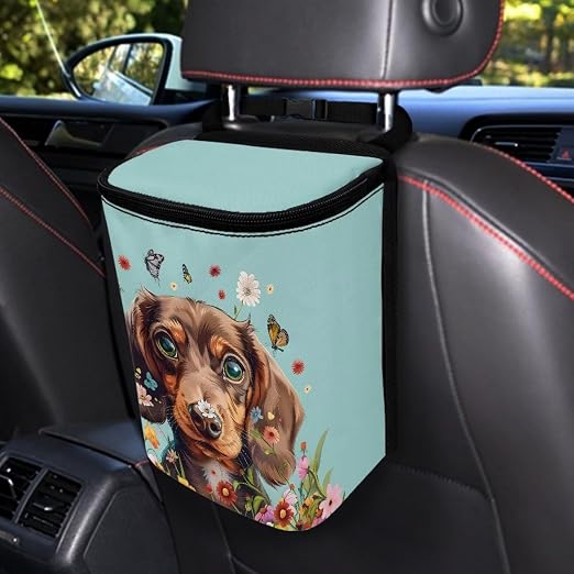 Talayituse Dachshund Butterfly Daisy Print Car Trash Can Accessories Organizer Garbage Bag Dustbin Container with Lid Waste Basket Storage Pocket Hanging Large Size Vehicle Trash Bin