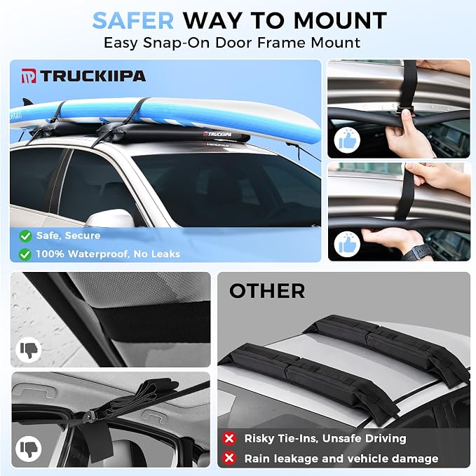 Truckiipa Soft Roof Rack Pads, 2Pcs Universal Inflatable Airbag Roof Racks for Surfboard, Kayak, SUP, Reusable Heavy Duty Car Racks System with Straps, Air Pump, Hood Loops and Storage Bag, 44inch