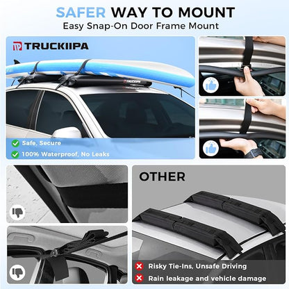 Truckiipa Soft Roof Rack Pads, 2Pcs Universal Inflatable Airbag Roof Racks for Surfboard, Kayak, SUP, Reusable Heavy Duty Car Racks System with Straps, Air Pump, Hood Loops and Storage Bag, 44inch