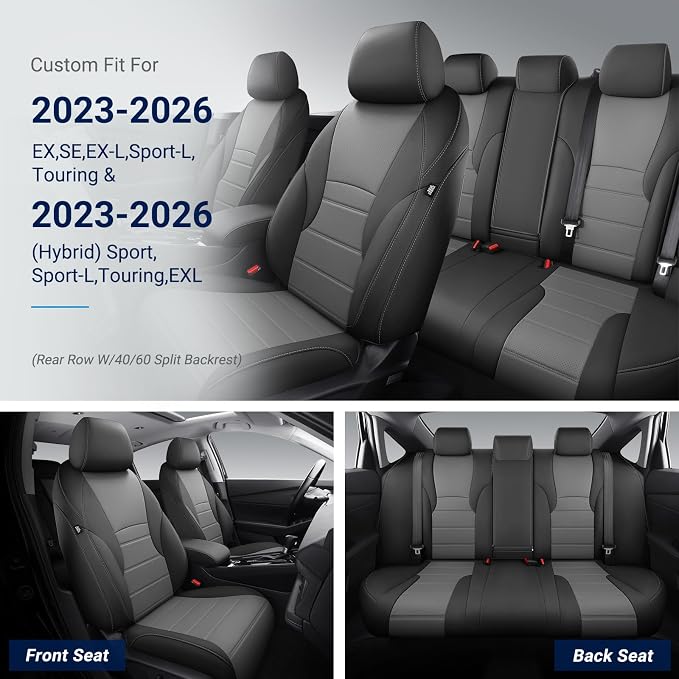Custom for Honda Accord Seat Covers 2023 2024 2025 2026 EX,SE,EX-L,Sport-L,Touring & 2023-2026 (Hybrid) Sport,Touring,EXL,Sport-L, (Rear Row W/40/60 Split Backrest) - Black Grey